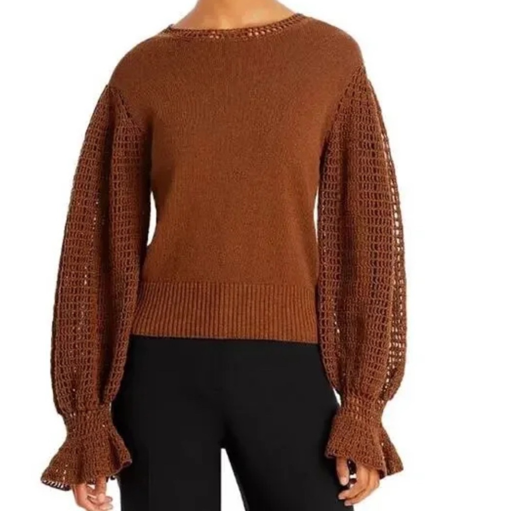 Rebecca Taylor Elegant Brown Knit Sweater with Crochet Sleeves Women's XS/S NWOT